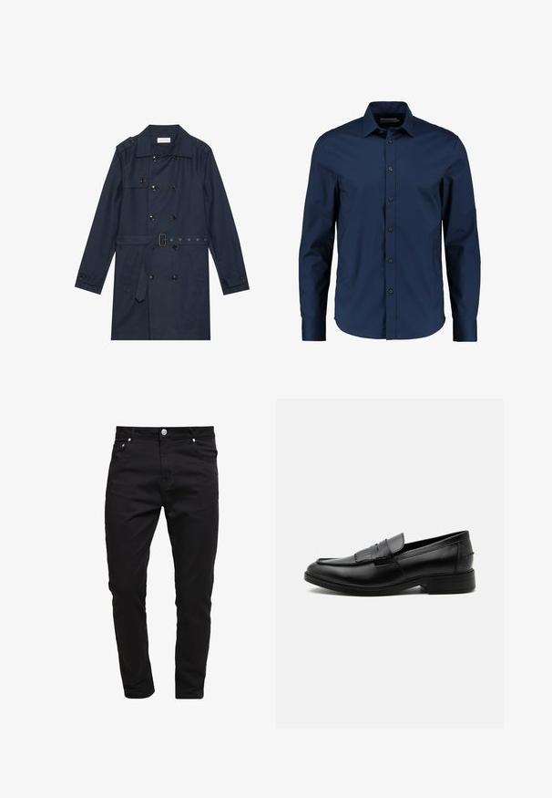 Manteau trench navy en tissu léger, présentant une fermeture à glissière double bouton, une taille ceinturée et deux poches latérales avec détail rabattu.; Chemise à manches longues bleu marine en tissu lisse, dotée d'un col classique, de boutons sur le devant et d'une coupe ajustée avec un hem arrondi.; Jean noir en tissu denim, design slim fit, style à cinq poches, fermeture à bouton métallique, avec des détails de couture et une texture lisse.; Mocassin homme en cuir noir avec détail pompon, bout arrondi, talon bas et finition polie lisse, montré de profil sur fond blanc.