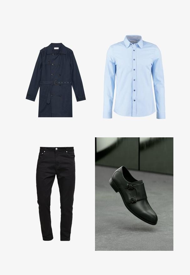 Marineblauwe trenchcoat van lichtgewicht stof, met dubbele knoopsluiting, ceintuur in de taille en twee zijzakken met flapdetail.; Lichtblauw overhemd met lange mouwen, donkere knopen en een geruite binnenkraag, vooraan dichtgeknoopt.; Zwarte spijkerbroeken van denim stof, slim fit ontwerp, vijf-pocket stijl, met metalen knoopsluiting, gestikte details en een zachte textuur.; Zwarte leren schoen met een slank ontwerp, voorzien van twee zilveren gespaccenten en een ronde neus, tegen een grijze achtergrond.