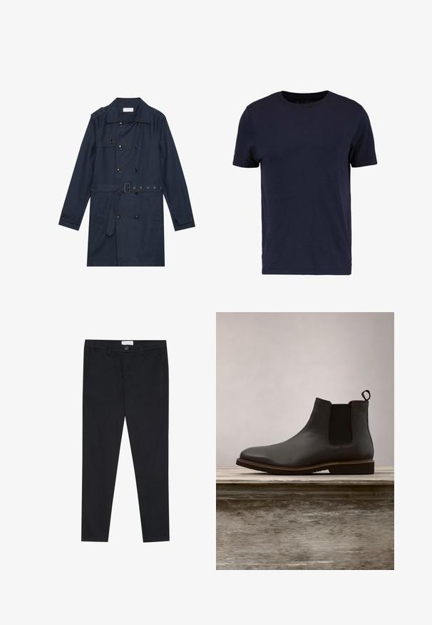 Marine trenchcoat i let stof, med dobbeltradet knaplukning, bæltestrop i livet og to sidelommer med klapdetalje.; Pier One by Zalando T-shirts basic - dark blue; Sorte bukser med lige ben, lavet af bomuldsstof. Har to forlommer og knaplukning i taljen.; Sorte læder Chelsea støvler med elastiske sidepaneler og rund tå, der har en tekstureret sål og diskrete syninger, hævet over en træoverflade.
