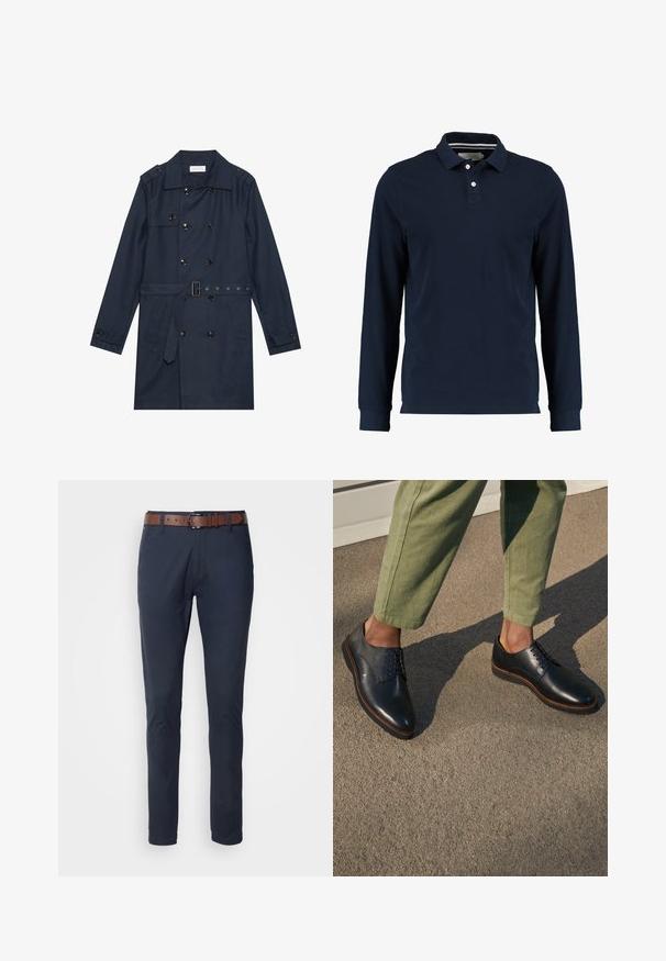Marine trenchcoat i let stof, med dobbeltradet knaplukning, bæltestrop i livet og to sidelommer med klapdetalje.; Marineblå langærmet polo skjorte lavet af bomuld, med klassisk krave, to-knaps lukning og en glat tekstur.; Marineblå bomuldsbukser med slim fit, udstyret med et brunt læderbælte, fire lommer og en glat tekstur. Minimalistisk design uden mønstre.; Sorte læder snøresko med spidse tæer og brune syninger, båret med grønne bukser på en grå overflade.