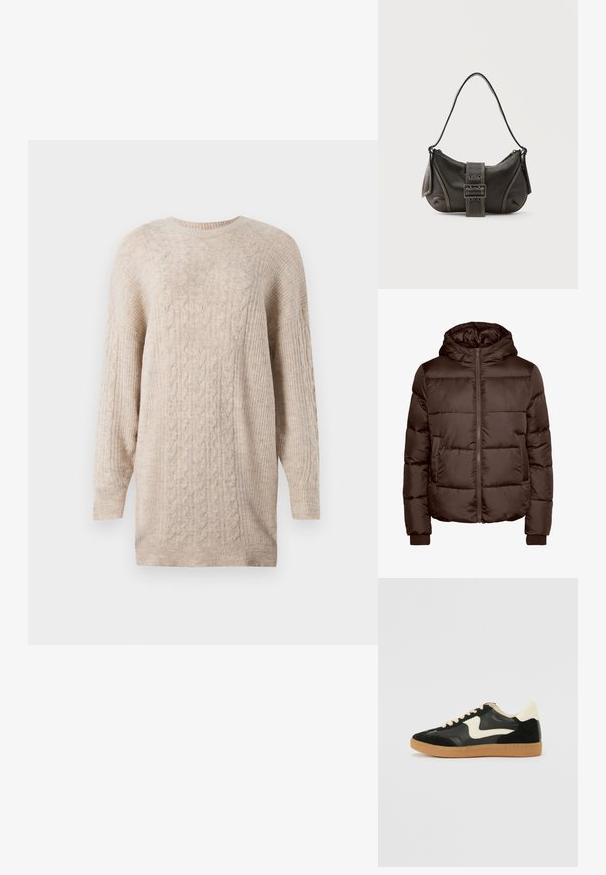 Braune gepolsterte Jacke mit Kapuze, ausgestattet mit einem Reißverschluss vorne, zwei Seitentaschen und gerippten Bündchen. Glatte, glänzende Textur mit gesteppter Optik.; Beiges Strickkleid aus Kabelstrick mit langen Ärmeln und geripptem Rundhalsausschnitt, Ärmeln und Saum.; Schwarze Wildleder- und Leder-Sneaker mit einem cremefarbenen Seiten-Swoosh und einer hellcremefarbenen Ferse. Ausgestattet mit beige Schnürsenkeln und einer Gummilaufsohle.; Schwarze Leder-Schultertasche mit Schnallengurt-Detail, abgerundeten Kanten und kontrastierenden weißen Nähten auf schlichtem Hintergrund.