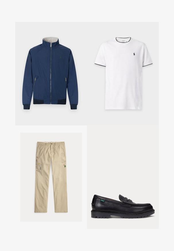 Veste légère bleu marine avec fermeture éclair, poignets côtelés, poches latérales et logo vert sur la poitrine. Intérieur doublé d'un tissu doux.; T-shirt blanc à manches courtes avec bordure noire sur le col et les manches, avec un petit logo noir Polo Ralph Lauren sur la poitrine gauche.; Pantalon en coton beige avec des motifs brodés, incluant des arbres et des montagnes, doté d'une fermeture à bouton et de passants pour ceinture.; Mocassin en cuir noir avec une semelle épaisse à crampons et une petite étiquette verte "Polo" sur le côté extérieur, près du talon.
