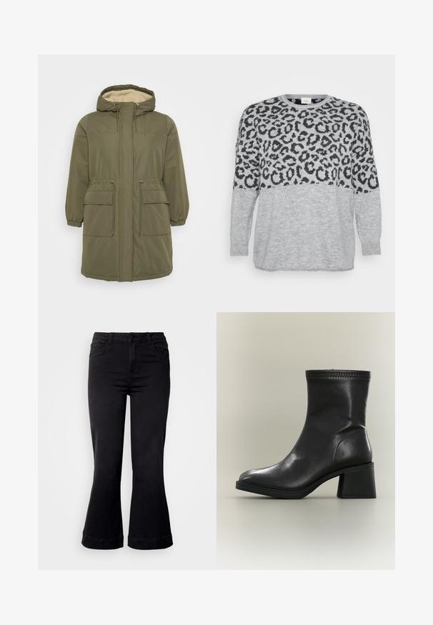 Parka vert olive avec une capuche doublée en fausse fourrure, fermeture éclair à l'avant, poignets élastiques, taille cordon et deux poches plaquées à l'avant.; Pull gris avec un motif léopard noir sur le haut, encolure et poignets côtelés, texture douce et coupe ample.; Jean noir évasé avec une taille ajustée, doté de poches avant, d'une fermeture par boutons et d'un tissu texturé. L'ourlet inférieur est retroussé.; Botte en cuir noire mi-mollet avec talon bloc et bout arrondi, vue de profil sur un fond neutre.