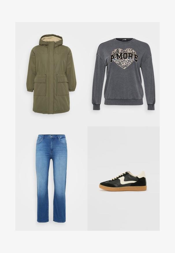 Parka vert olive avec une capuche doublée en fausse fourrure, fermeture éclair à l'avant, poignets élastiques, taille cordon et deux poches plaquées à l'avant.; Sweatshirt gris à manches longues, avec des poignets côtelés et un col arrondi. Présente un cœur en imprimé léopard et "AMORE" en texte noir gras.; Jean en denim bleu clair avec une coupe droite, un design à cinq poches et un effet délavé à l'ourlet. Fermeture à bouton à la taille.; Baskets en daim et cuir noir avec un swoosh latéral crème et un talon crème clair. Dotées de lacets beige et d'une semelle en caoutchouc gomme.