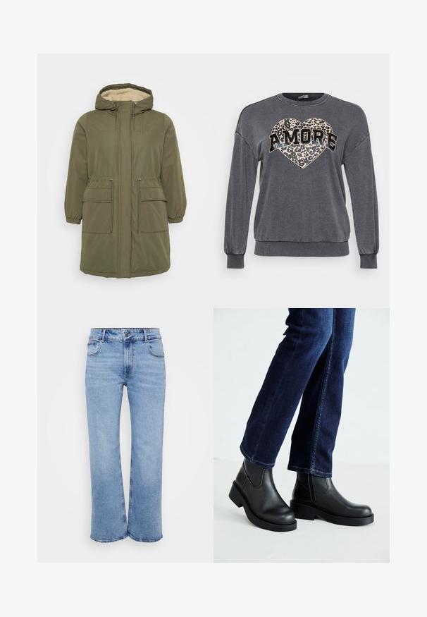 Parka vert olive avec une capuche doublée en fausse fourrure, fermeture éclair à l'avant, poignets élastiques, taille cordon et deux poches plaquées à l'avant.; Sweatshirt gris à manches longues, avec des poignets côtelés et un col arrondi. Présente un cœur en imprimé léopard et "AMORE" en texte noir gras.; Jeans larges de couleur bleu clair en denim, avec cinq poches, une fermeture éclair à l'avant et un bouton. Détails de couture subtils le long des coutures.; Bottines en cuir noir avec une semelle épaisse et des panneaux élastiques sur les côtés, associées à un jean bleu foncé. Le sol est de couleur claire.