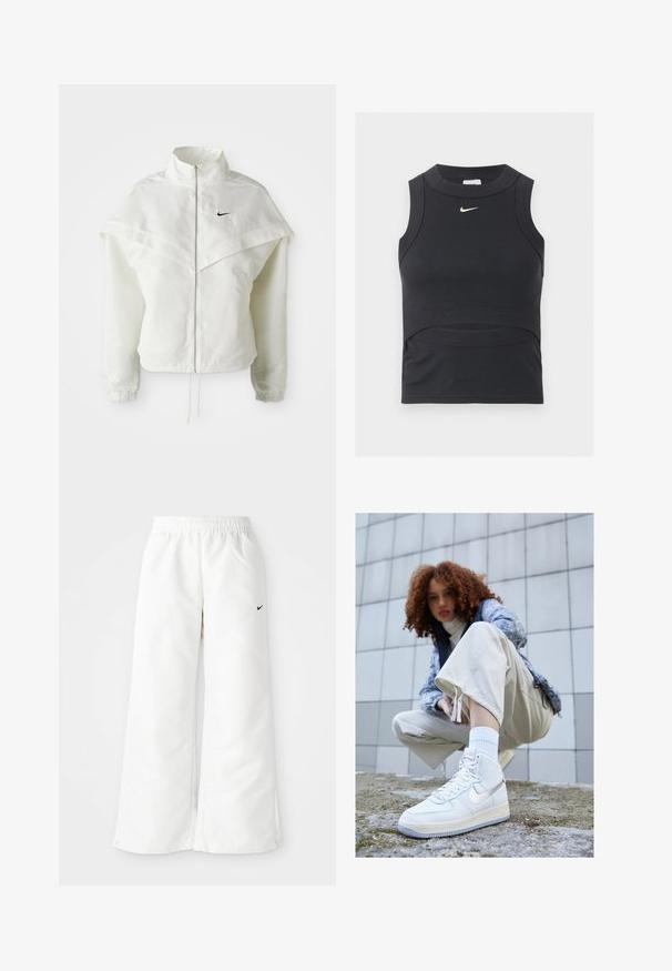 Hvid langærmet zip-up jakke med høj krave, kappe-lignende detaljer over skuldrene, elastiske manchetter og lille sort Nike-logo på brystet.; Sort ærmeløs cropped sportstop med ribbet tekstur og hvid Nike swoosh-logo på brystet.; Hvide atletiske bukser med et bredbenet design, elastisk talje og et lille sort Nike-logo på venstre side. Glat, let materiale.; Hvide Nike Air Force 1 sneakers med struktureret skind, sølvaccenter og en tyk sål. Båret med en hvid sok og lys beige bukser.