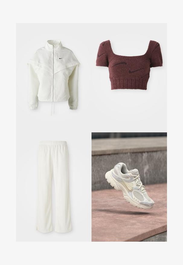 Hvid langærmet zip-up jakke med høj krave, kappe-lignende detaljer over skuldrene, elastiske manchetter og lille sort Nike-logo på brystet.; Lilla cropped top med et struktureret stof, firkantet halsudskæring, korte ærmer og ribbet kant, med subtile mørke mønstre gennemgående.; Cremefarvede bukser med bred ben-design, lavet af letvægtsmateriale, med lodrette striber og en elastisk talje.; Hvid og beige Nike løbesko med meshpaneler og tyk sål, hængende over en lyserød stenhob og en grå stenbaggrund.