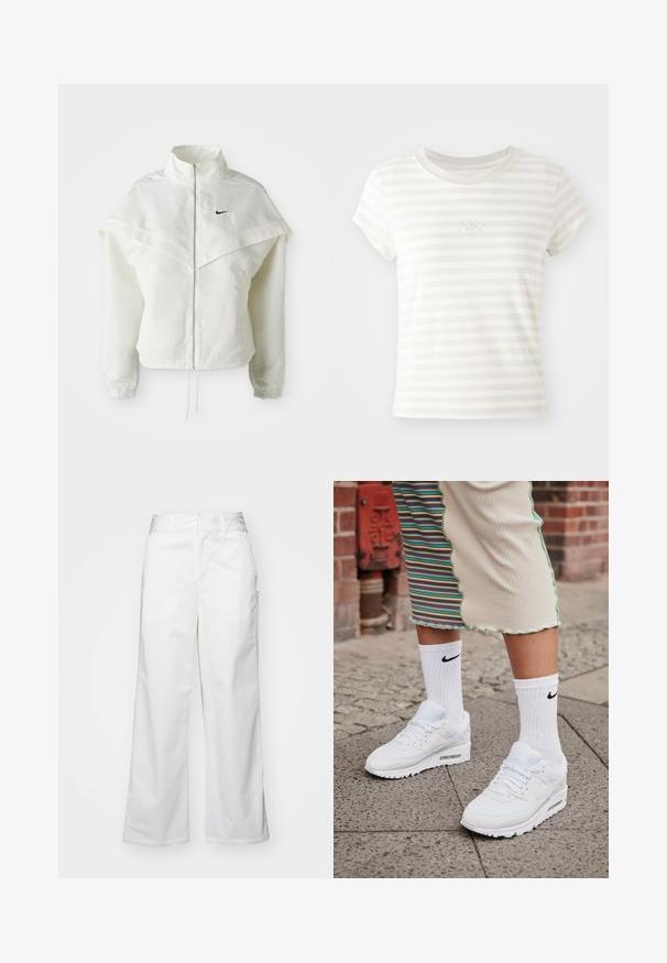 Hvid langærmet zip-up jakke med høj krave, kappe-lignende detaljer over skuldrene, elastiske manchetter og lille sort Nike-logo på brystet.; Hvidstribet kortærmet t-shirt lavet af blød bomuld. Har en rund halsudskæring og et lille broderet Nike-logo på brystet.; Hvide brede bukser lavet af bomuld, med en glat overflade, lige pasform, forlommer og en ren kant.; Hvide Nike Air Max 90 sneakers med mesh og læderoverdel, der har en synlig luftenhed, parret med hvide ribbede sokker med sort logo.