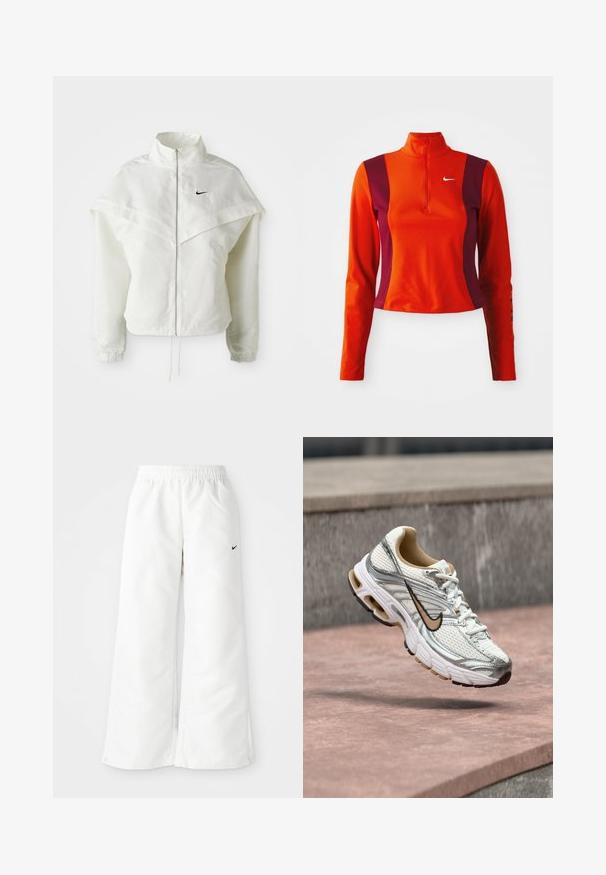 Weiße langärmlige Zip-Jacke mit hohem Kragen, cape-artigem Detail über den Schultern, elastischen Bündchen und kleinem schwarzen Nike-Logo auf der Brust.; Roter und lila Langarm-Oberteil mit einem Viertelreißverschluss, das ein Nike-Logo auf der Brust trägt und eine figurbetonte Passform mit einer glatten Textur aufweist.; Weiße Sporthose mit weitem Bein, elastischem Bund und kleinem schwarzen Nike-Logo auf der linken Seite. Glattes, leichtes Material.; Weißer und silberner Nike Laufschuh mit beigem Swoosh-Logo, gezeigt schwebend über einer Steinoberfläche mit verschwommenem grauem Wandhintergrund.