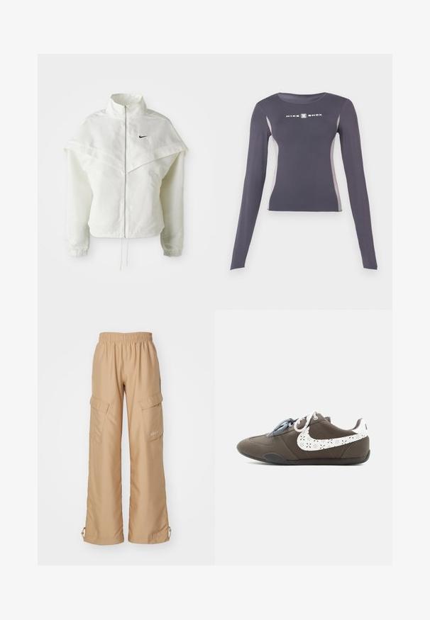Witte lange mouwen zip-up jas met hoge kraag, cape-achtige details over de schouders, elastische manchetten en een klein zwart Nike-logo op de borst.; Donkergrijs langmouw sporttop dat aansluitend is, met lichtgrijze zijpanelen en een witte "Nike Shox" logo op de borst.; Nike Sportswear TREND - Cargobroek - hemp; Grijze lage sneaker met tweekleurige veters en een wit geperforeerd swoosh-logo aan de zijkant, tegen een effen lichte achtergrond.
