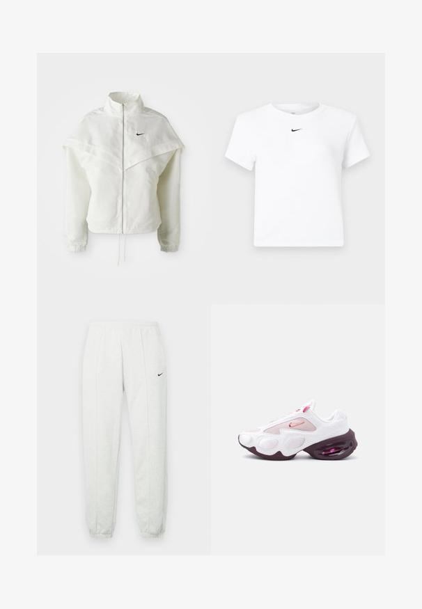 Witte lange mouwen zip-up jas met hoge kraag, cape-achtige details over de schouders, elastische manchetten en een klein zwart Nike-logo op de borst.; Witte Nike cropped T-shirt met korte mouwen en een kleine zwarte Nike swoosh-logo, gecentreerd onder de halslijn.; Lichtgrijze Nike joggingbroek met een elastische tailleband, taps toelopende boorden en een klein zwart logo op de linker dij. Zachte, gestructureerde stof.; Witte en roze sportschoen met meshpanelen, een roze Nike-swoosh en een dikke, donkerpaarse zool met zichtbare luchtvering.