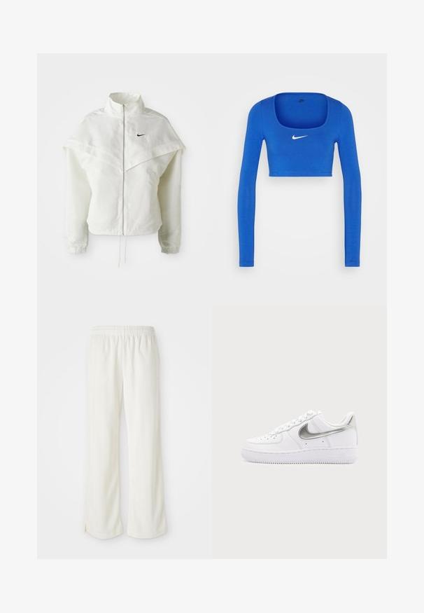 Hvid langærmet zip-up jakke med høj krave, kappe-lignende detaljer over skuldrene, elastiske manchetter og lille sort Nike-logo på brystet.; Nike Sportswear W NSW LS CROP TOP SW - Langærmet T-shirt - game royal/phantom; Cremefarvede bukser med bred ben-design, lavet af letvægtsmateriale, med lodrette striber og en elastisk talje.; Hvid lavtopet sneaker med metallisk sølv Nike swoosh og hvide snørebånd på en ensfarvet lysegrå baggrund.