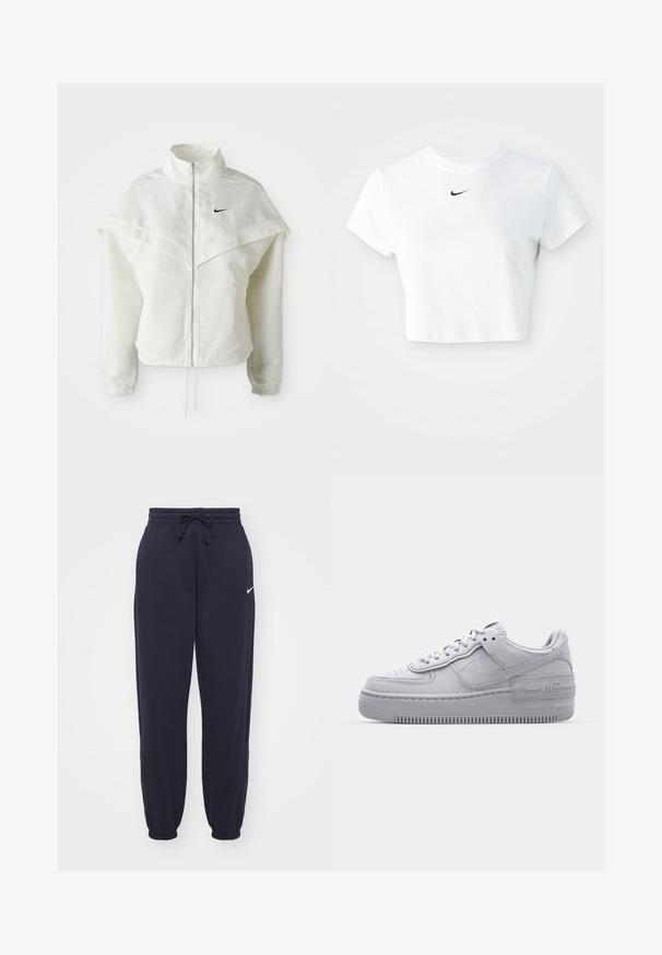 Hvid langærmet zip-up jakke med høj krave, kappe-lignende detaljer over skuldrene, elastiske manchetter og lille sort Nike-logo på brystet.; Hvid kortærmet t-shirt lavet af bomuld, med korte ærmer og rund halsudskæring, og med et sort Nike-logo på brystet.; Nike joggingbukser i navyblå, lavet af blødt materiale. Har en elastisk talje med snor og manchetter ved anklerne. Lille hvidt logo accenter.; Grå Nike Air Force 1 sneakers med perforeret tå, glat læderoverdel, tyk sål og præget 'AIR' detalje på hælen.