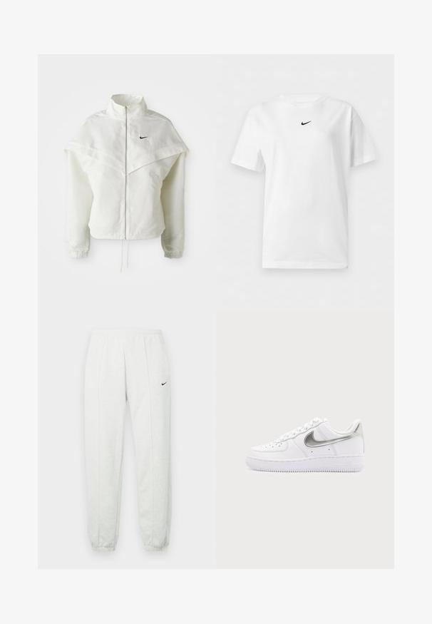 Hvid langærmet zip-up jakke med høj krave, kappe-lignende detaljer over skuldrene, elastiske manchetter og lille sort Nike-logo på brystet.; Hvid t-shirt med korte ærmer og rund halsudskæring med et lille sort Nike Swoosh-logo centreret nær kraven.; Lysegrå Nike joggingbukser med elastisk taljebånd, tilspidsede manchetter og et lille sort logo på venstre lår. Blødt, tekstureret stof.; Hvid lavtopet sneaker med metallisk sølv Nike swoosh og hvide snørebånd på en ensfarvet lysegrå baggrund.