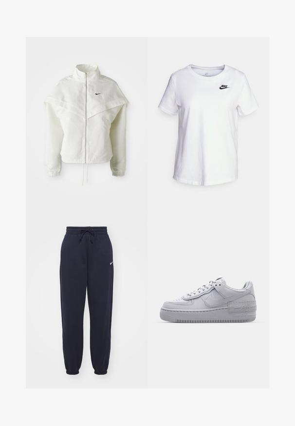 Weiße langärmlige Zip-Jacke mit hohem Kragen, cape-artigem Detail über den Schultern, elastischen Bündchen und kleinem schwarzen Nike-Logo auf der Brust.; Weißes Baumwoll-T-Shirt mit Rundhalsausschnitt und kurzen Ärmeln. Mit einem schwarzen Nike-Logo auf der oberen linken Brustseite.; Nike Jogginghosen in Marineblau, aus weichem Material hergestellt. Mit einem elastischen Bund und einem Kordelzug sowie Bündchen an den Knöcheln. Kleines weißes Logo als Akzent.; Graue Nike Air Force 1 Sneaker mit perforierter Zehenpartie, Obermaterial aus glattem Leder, dicker Sohle und geprägtem 'AIR'-Detail an der Ferse.