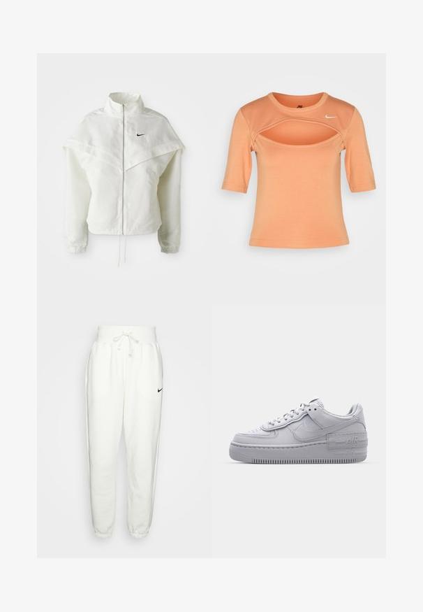 Weiße langärmlige Zip-Jacke mit hohem Kragen, cape-artigem Detail über den Schultern, elastischen Bündchen und kleinem schwarzen Nike-Logo auf der Brust.; Nike Sportswear CUTOUT - T-Shirt print - amber brown/sail; Weiße Jogginghose aus einem weichen Stoff, mit einem elastischen Bund und einem Kordelzug, seitlichen Taschen und einem schwarzen Nike-Logo auf dem linken Oberschenkel.; Graue Nike Air Force 1 Sneaker mit perforierter Zehenpartie, Obermaterial aus glattem Leder, dicker Sohle und geprägtem 'AIR'-Detail an der Ferse.