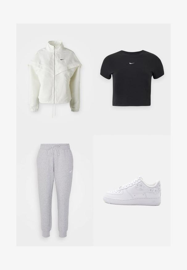 Witte lange mouwen zip-up jas met hoge kraag, cape-achtige details over de schouders, elastische manchetten en een klein zwart Nike-logo op de borst.; Zwart cropped t-shirt van katoen, met een ronde hals en korte mouwen. Opvallend wit Nike-logo op de borst.; Lichtgrijze sweatpants met een trekkoord bij de taille, taps toelopende benen en een klein wit logo op de linkerdij. Gemaakt van een zachte, gestructureerde stof.; Witte lage sneaker met geperforeerde neus, Nike-logo en decoratieve witte bloemmotieven op de hiel en zijkant.