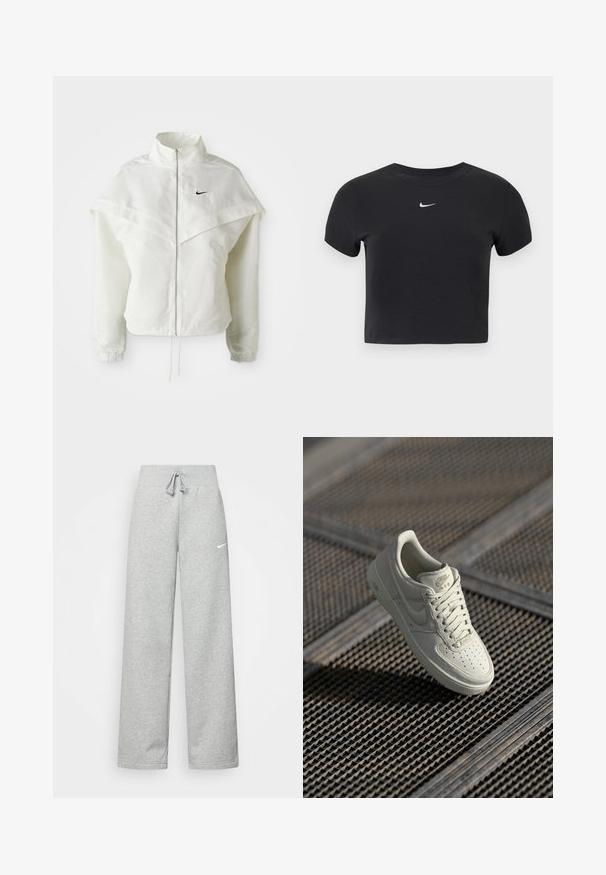 Hvid langærmet zip-up jakke med høj krave, kappe-lignende detaljer over skuldrene, elastiske manchetter og lille sort Nike-logo på brystet.; Sort cropped t-shirt lavet af bomuld, med rund halsudskæring og korte ærmer. Bemærkelsesværdigt hvidt Nike-logo på brystet.; Grå sweatpants med elastisk talje, snor detaljer og et lille hvidt Nike-logo på venstre lår. Blødt stof, løs pasform.; Hvide Nike Air Force 1 sneakers med glat læder, perforeret tå, tonede snørebånd og logo-accenter i lys guld. Flyder over en struktureret overflade.