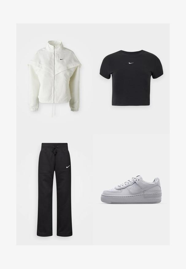 Hvid langærmet zip-up jakke med høj krave, kappe-lignende detaljer over skuldrene, elastiske manchetter og lille sort Nike-logo på brystet.; Sort cropped t-shirt lavet af bomuld, med rund halsudskæring og korte ærmer. Bemærkelsesværdigt hvidt Nike-logo på brystet.; Sorte sweatpants lavet af en bomuldsblanding, med en snøre i taljen, lige ben og et hvidt Nike-logo på venstre side.; Grå Nike Air Force 1 sneakers med perforeret tå, glat læderoverdel, tyk sål og præget 'AIR' detalje på hælen.