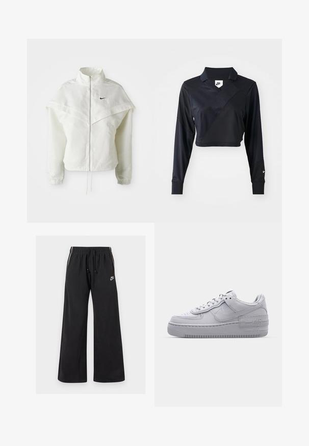Hvid langærmet zip-up jakke med høj krave, kappe-lignende detaljer over skuldrene, elastiske manchetter og lille sort Nike-logo på brystet.; Sort langærmet cropped polo-skjorte med V-hals, der har et diagonalt sømdesign, glat tekstur og et Nike-logo på ærmet.; Sorte sweatpants lavet af blødt stof, med en elastisk talje og snøre, sidestriber og et lille logo på venstre front.; Grå Nike Air Force 1 sneakers med perforeret tå, glat læderoverdel, tyk sål og præget 'AIR' detalje på hælen.