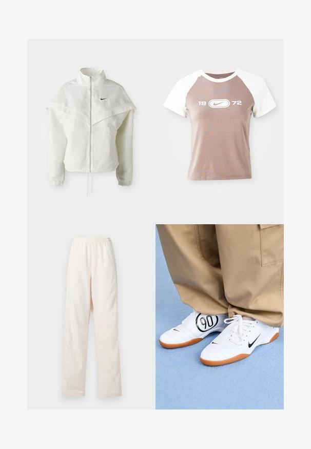 Witte lange mouwen zip-up jas met hoge kraag, cape-achtige details over de schouders, elastische manchetten en een klein zwart Nike-logo op de borst.; Korte mouwen t-shirt met een lichtbruine body en witte raglanmouwen, met een groot wit grafisch logo en het jaar "1972" gecentreerd op de voorkant.; Loszittende, crèmekleurige broek met elastische taille en een rechte pijp, weergegeven tegen een effen witte achtergrond.; Witte sportschoenen met een gequilt ontwerp, zwarte Nike swoosh en een opvallende zwarte "90" grafiek op de zijkant, gecombineerd met khaki broek.