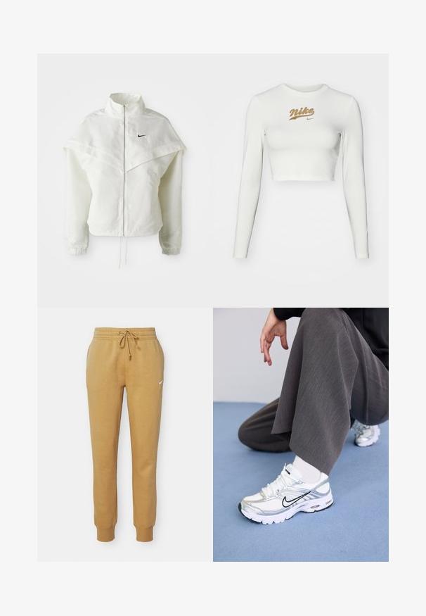 Weiße langärmlige Zip-Jacke mit hohem Kragen, cape-artigem Detail über den Schultern, elastischen Bündchen und kleinem schwarzen Nike-Logo auf der Brust.; Weißes, langärmliges Crop-Top aus glattem Stoff, mit einem goldenen Nike-Logo-Print auf der Brust und einem klassischen Rundhalsausschnitt.; Nike-Sweatpants in einer goldbraunen Farbe, aus weichem Stoff gefertigt, mit einem Kordelzugbund und gerippten Bündchen. Enthält ein kleines weißes Logo.; Weiße und silberne Sportschuhe aus Mesh- und Synthetikmaterialien, mit schwarzen Akzentlinien, Schnürsenkeln und strukturierten Sohlen.