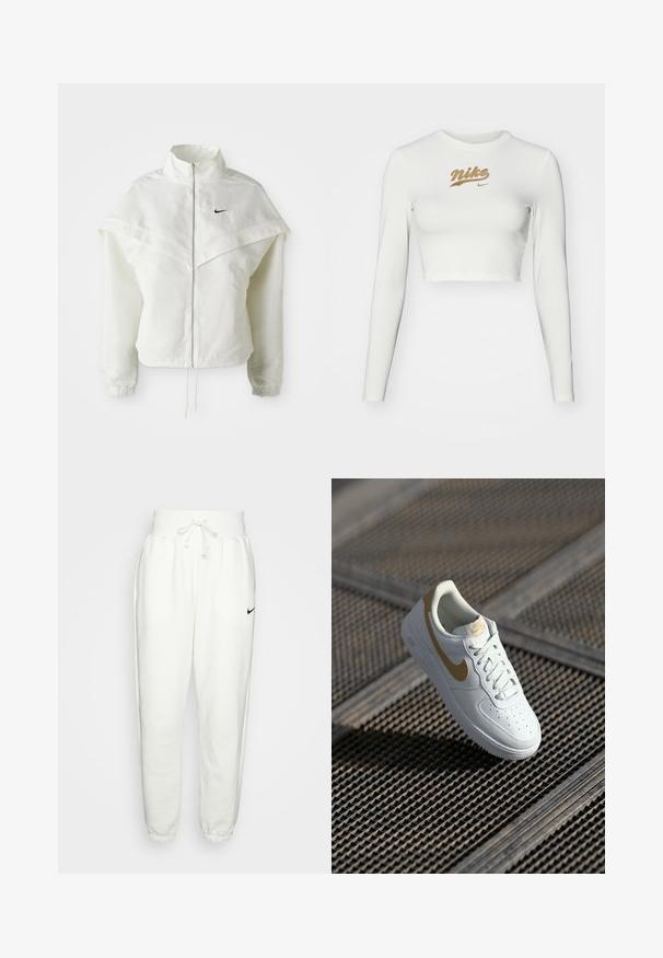 Hvid langærmet zip-up jakke med høj krave, kappe-lignende detaljer over skuldrene, elastiske manchetter og lille sort Nike-logo på brystet.; Hvid langærmet crop top lavet af glat stof, med et guld Nike-logo tryk på brystet og en klassisk rund halsudskæring.; Hvide sweatpants lavet af et blødt stof, med elastisk talje med snøre, sidelommer og et sort Nike-logo på venstre lår.; Hvide lædersneakers med gyldne detaljer, rund tå, perforeret design på tåboksen og flade snørebånd. Har 'Air' branding på sålen.