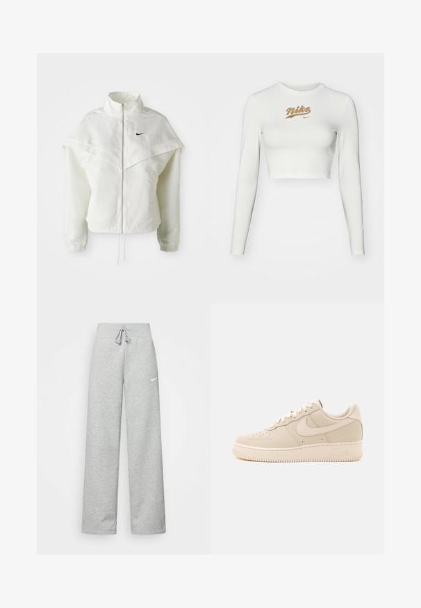 Witte lange mouwen zip-up jas met hoge kraag, cape-achtige details over de schouders, elastische manchetten en een klein zwart Nike-logo op de borst.; Witte langemouwen crop top van een soepele stof, met een gouden Nike-logo op de borst en een klassieke ronde hals.; Grijze sweatpants met een elastische tailleband, een trekkoord-detail en een klein wit Nike-logo op de linkerdij. Zachte stof, losvallend.; Lage beige Nike Air Force 1 sneaker met veterluiting en perforaties op de neus tegen een effen achtergrond.