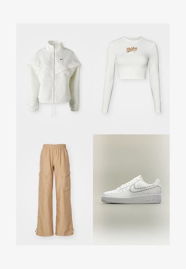Weiße langärmlige Zip-Jacke mit hohem Kragen, cape-artigem Detail über den Schultern, elastischen Bündchen und kleinem schwarzen Nike-Logo auf der Brust.; Weißes, langärmliges Crop-Top aus glattem Stoff, mit einem goldenen Nike-Logo-Print auf der Brust und einem klassischen Rundhalsausschnitt.; Nike Sportswear TREND - Cargohose - hemp; Weißer Sneaker mit niedrigem Schaft und perforiertem Nike-Swoosh-Design an der Seite, weißen Schnürsenkeln und strukturierter Sohle auf neutralem Hintergrund.