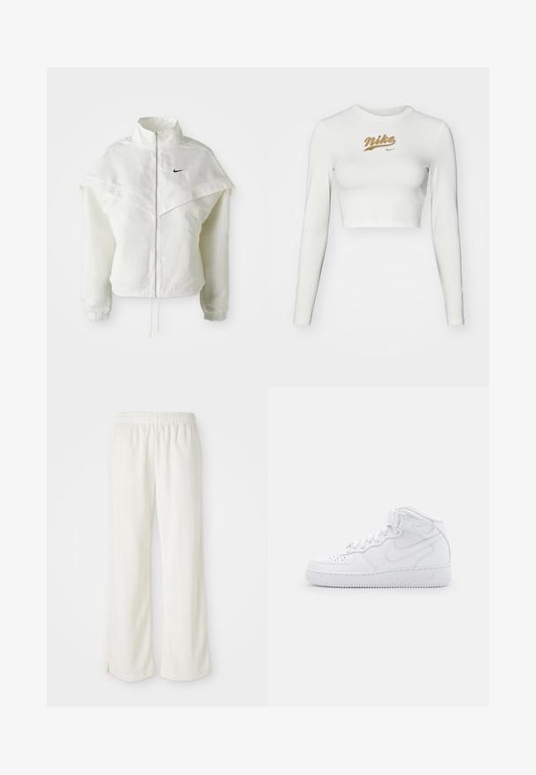 Witte lange mouwen zip-up jas met hoge kraag, cape-achtige details over de schouders, elastische manchetten en een klein zwart Nike-logo op de borst.; Witte langemouwen crop top van een soepele stof, met een gouden Nike-logo op de borst en een klassieke ronde hals.; Crème-kleurige broek met een wijde pijpdesign, gemaakt van lichtgewicht materiaal, met verticale strepen en een elastische tailleband.; Witte hoge sneakers van leer met een gevoerde kraag, geperforeerde neus, veters en een verstelbare enkelband; logo op de zijkant.