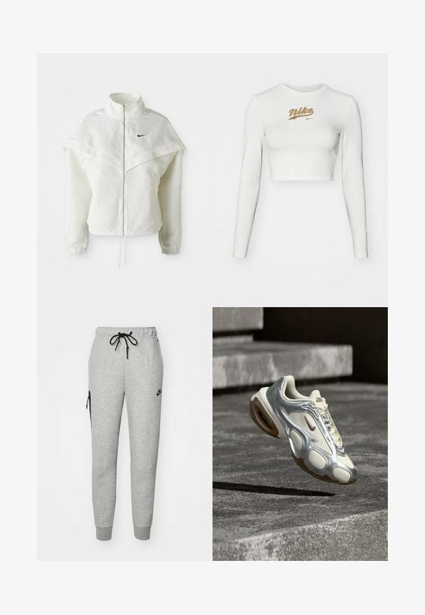 Hvid langærmet zip-up jakke med høj krave, kappe-lignende detaljer over skuldrene, elastiske manchetter og lille sort Nike-logo på brystet.; Hvid langærmet crop top lavet af glat stof, med et guld Nike-logo tryk på brystet og en klassisk rund halsudskæring.; Grå træningsbukser lavet af blødt stof med en snoretræk i taljen, tapered ben og en lynlåslomme på venstre side. Har sort logo.; Krem- og metallisk sølv atletiksneaker, der svæver over betontrapper med brune gummisåler og Nike-logo.