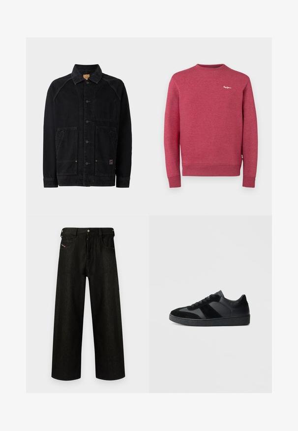 Sort denimjakke med klassisk krave, frontknaplukning, to sidelommer med klap og en brystlomme; synlige stikninger som detaljer.; Rød sweatshirt lavet af tekstureret stof, med rund hals, ribbede ærmer og kant. Lille hvidt logo på brystet.; Sorte vide ben jeans lavet af denim, med lynlås, fem lommer og subtil branding på frontlommen. Holdbart og tekstureret stof.; Sorte sneakers med en kombination af glat læder og ruskind, med en tekstureret sort gummisål og subtil stripingdetalje.
