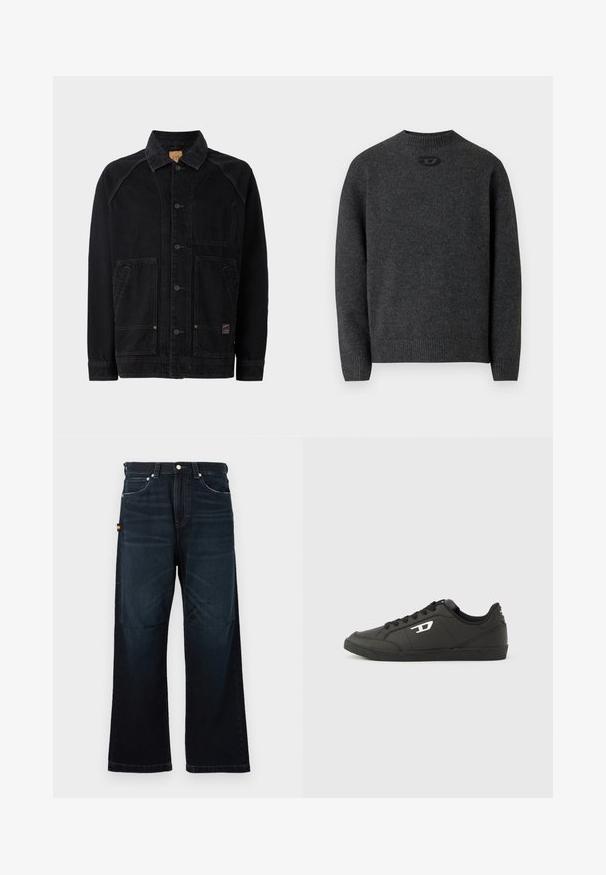 Zwarte denimjack met een klassieke kraag, voorzijde met knoopsluiting, twee zijzakken met klep en één borstzak; zichtbare stiksels als accent.; Donkergrijze trui gemaakt van zachte gebreide stof, met een ronde halslijn en geribbelde boorden en zoom. Voorzien van een klein logodetail aan de achterkant.; Donkerblauwe broek met rechte pijpen, klassieke vijf-pocket ontwerp, riemlussen en subtiele vervaging bij de voorkant en knieën.; Zwarte sneakers van synthetisch materiaal met een geribbelde zwarte zool, ronde neus en vlakke zwarte veters. Opvallend wit logomerk aan de buitenzijde.