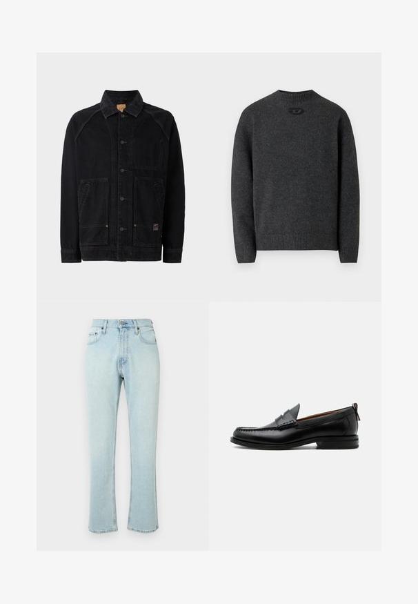 Sort denimjakke med klassisk krave, frontknaplukning, to sidelommer med klap og en brystlomme; synlige stikninger som detaljer.; Mørkegrå sweater lavet af blødt strikket stof med rund halsudskæring og ribstrikkede manchetter og kant. Har et lille logodetalje på ryggen.; Lystblå denim jeans med lige snit, høj talje og let udsletning. Flosset kantdetalje med fem bælteløkker og traditionelt hardware.; Sort læder herre loafer med moc-tå syning, penny strop, struktureret krave og lav stablet hæl på hvid baggrund.