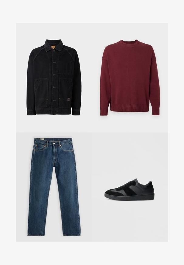 Sort denimjakke med klassisk krave, frontknaplukning, to sidelommer med klap og en brystlomme; synlige stikninger som detaljer.; Bordeauxfarvet strikket sweater med ribbet rund hals, lange ærmer og ribbet kant.; Mørkeblå denimjeans med lige ben. Har fem lommer, kobbernitter og knappelukning. Glat tekstur med syningsdetaljer.; Sorte sneakers med en kombination af glat læder og ruskind, med en tekstureret sort gummisål og subtil stripingdetalje.