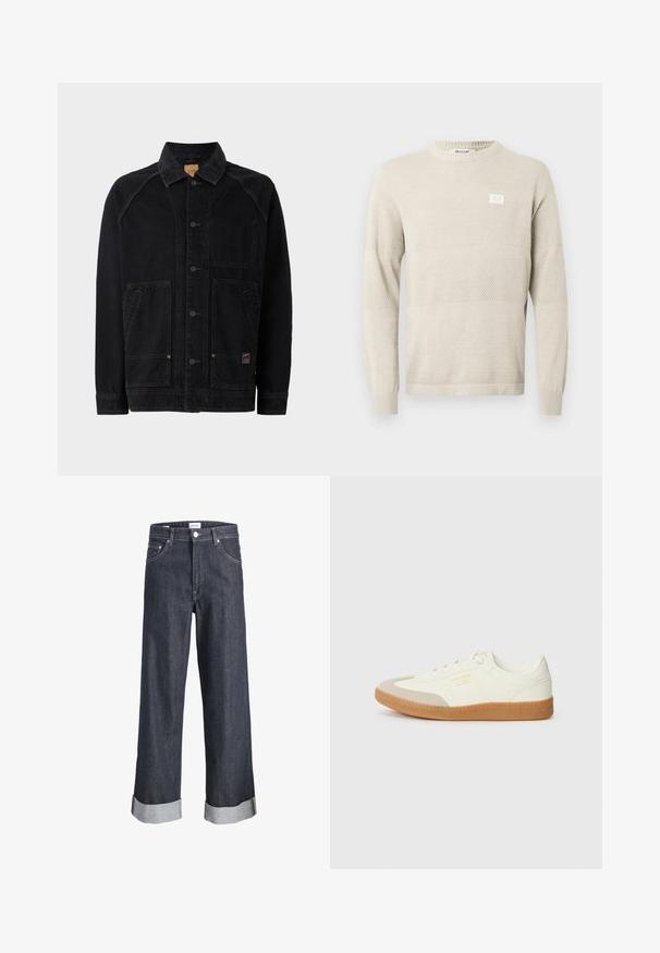 Sort denimjakke med klassisk krave, frontknaplukning, to sidelommer med klap og en brystlomme; synlige stikninger som detaljer.; Lysebeige strikket sweater med strukturerede mønstre, lange ærmer og rund hals. Har et lille mærke på brystet.; Bredde ben i mørk denim med ophøjede kanter, knaplukning og forlommer. Stoffet har en glat tekstur med subtile syninger.; Sneaker lavet af hvid læder med en beige tåhætte og let brunt gummisål. Har flade hvide snørebånd og prægede branding på siden.
