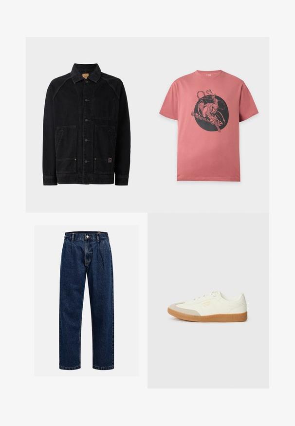 Sort denimjakke med klassisk krave, frontknaplukning, to sidelommer med klap og en brystlomme; synlige stikninger som detaljer.; Lyserød T-shirt med korte ærmer med en sort grafik af Spider-Man, der kravler og skyder et spindelvæv inde i en sort cirkel på brystet.; Mørkeblå denimjeans med lige ben-design. Har synlige syninger, en knaplukning og frontfoldninger for ekstra detalje.; Sneaker lavet af hvid læder med en beige tåhætte og let brunt gummisål. Har flade hvide snørebånd og prægede branding på siden.
