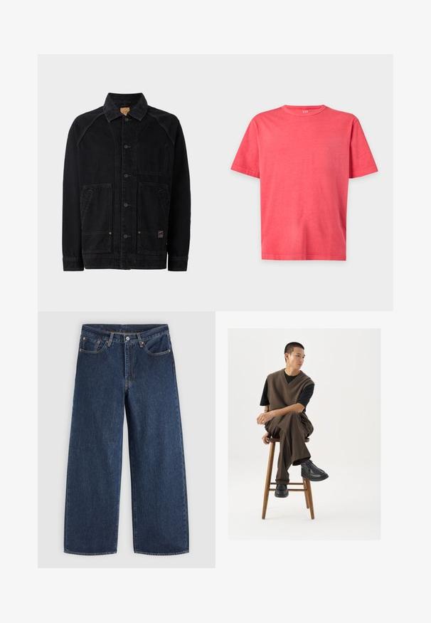 Sort denimjakke med klassisk krave, frontknaplukning, to sidelommer med klap og en brystlomme; synlige stikninger som detaljer.; Simpel lys koral pink t-shirt med korte ærmer og rund hals med normal pasform på hvid baggrund.; Mørkeblå vidde jeans med forlommer, knaplukning og bæltestropper, lagt fladt på en lys baggrund.; Brun strikket vest over en sort t-shirt, parret med brune vidde bukser og sorte chunky sko, siddende på en træstub.
