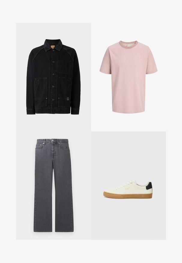 Zwarte denimjack met een klassieke kraag, voorzijde met knoopsluiting, twee zijzakken met klep en één borstzak; zichtbare stiksels als accent.; Lichtroze T-shirt met korte mouwen en ronde hals, met een klein wit logo op de linkerborst en een eenvoudig, effen ontwerp.; Donkere grijze denim jeans met rechte pijpen en hoge taille, voorzien van knopen aan de voorkant, rits en een ontwerp met vijf zakken, afgebeeld tegen een witte achtergrond.; Witte canvas sneaker met een gum rubberen zool, zwart accent op de hiel, ronde neus en vetersluiting. Bevat het merlogo in goud aan de zijkant.