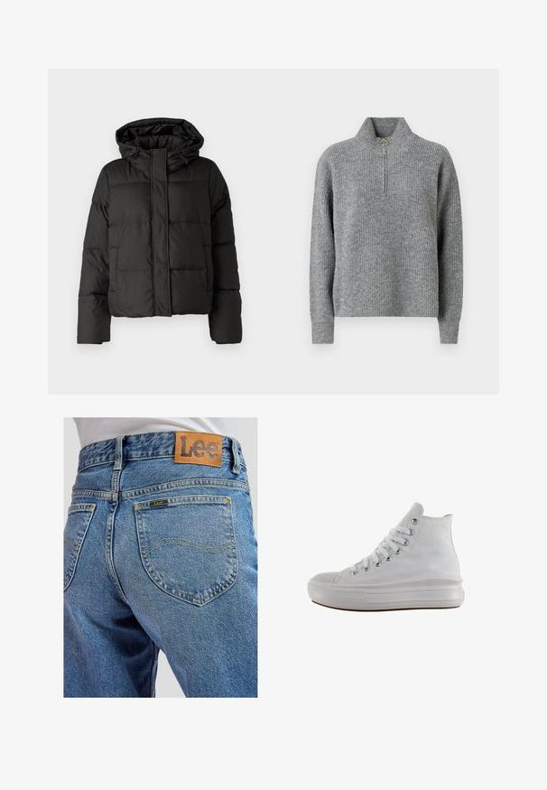 Veste doudoune noire avec capuche, fermeture éclair à l'avant, motif matelassé et poignets élastiques. Fabriquée en matériau synthétique lisse.; Pull en maille gris avec un col haut, demi-fermeture éclair, texture côtelée et manches longues. Présente un accent circulaire doré au niveau de la fermeture éclair.; Jean bleu en denim avec poches arrière présentant des surpiqûres jaunes et une écusson en cuir marron de la marque Lee sur la ceinture.; Baskets montantes en toile blanche avec lacets blancs, œillets métalliques, semelle épaisse en caoutchouc et bout texturé, orientées vers la gauche sur fond blanc.