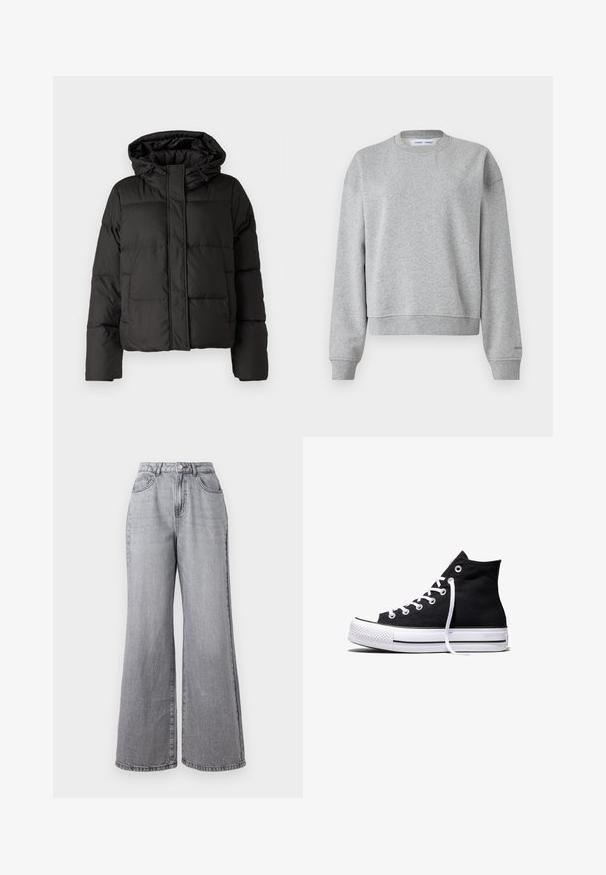 Veste doudoune noire avec capuche, fermeture éclair à l'avant, motif matelassé et poignets élastiques. Fabriquée en matériau synthétique lisse.; Sweatshirt gris avec un col rond, des manches longues et un design légèrement court. Fabriqué en tissu doux avec des poignets et un ourlet côtelés.; Jean large gris clair en denim, avec une taille haute, cinq poches et une texture légèrement délavée. Fermeture à bouton métallique et à zipper.; Baskets montantes en toile noire avec semelle en caoutchouc blanche et lacets blancs, vues de côté sur un fond blanc.