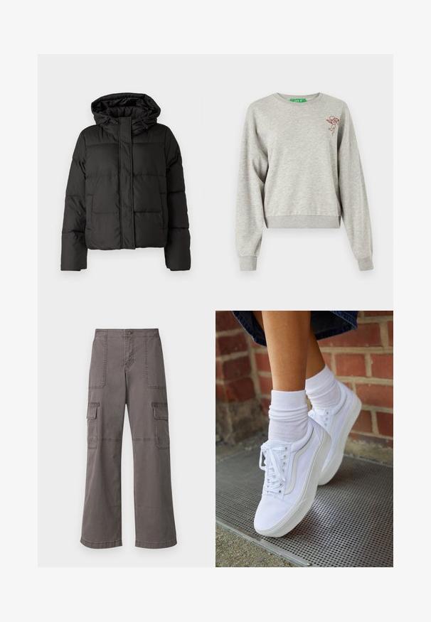Veste doudoune noire avec capuche, fermeture éclair à l'avant, motif matelassé et poignets élastiques. Fabriquée en matériau synthétique lisse.; Sweatshirt court gris clair en tissu doux, avec des manches longues, des poignets côtelés et un petit motif de chérubin rouge brodé sur la poitrine.; Pantalons cargo gris en coton avec un design à jambes larges, dotés de deux poches avant, de deux poches latérales et de détails de couture visibles.; Baskets en toile blanches avec semelles en caoutchouc, dotées de six œillets, d'un bout rond et de détails de couture légers, portées avec des chaussettes blanches mi-mollet.