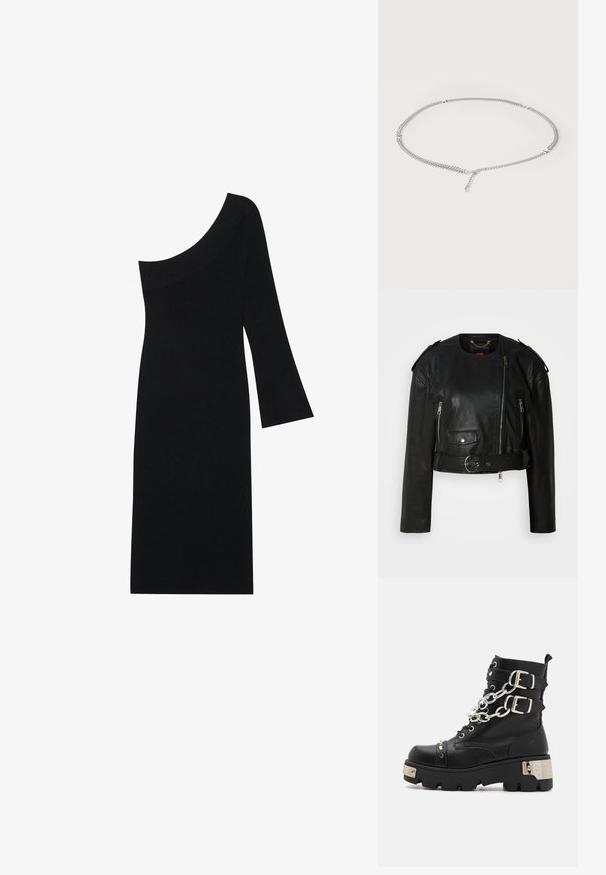 Sort læder cropped jakke med asymmetrisk frontlynlås, lynlås-lommer, skulderepauletter og en taljeelastik med en metallisk spænde.; Sort ribbet strikkjole med en asymmetrisk halsudskæring og én klokkeslæbe, med en tætsiddende silhuet der går til knæ.; Koi Footwear SHACKLED SHADOWS HEAVY DUTY CHAIN - Cowboy- / bikerstøvlette - black; Sølvkædehalskæde med små rektangulære metalaccents jævnt fordelt og en justerbar lås på en hvid baggrund.