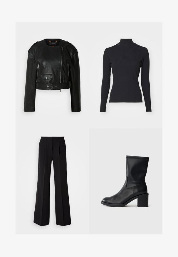 Schwarze Lederjacke mit verkürztem Schnitt, asymmetrischem Frontreißverschluss, Reißverschlusstaschen, Schulterklappen und einem Taillengürtel mit einer metallischen Schnalle.; Schwarzes, geripptes Rollkragenoberteil mit langen Ärmeln. Aus dehnbarem Stoff mit figurbetonter Passform und hohem Kragen. Einfaches Design ohne Verzierungen.; Schwarze Hose aus glattem Stoff, mit hohem Bund, weitem Schnitt und zwei vorderen Falten für zusätzlichen Designakzent.; Schwarze Leder-Ankle Boots mit runder Zehenform, glatter Oberfläche und dicker Absatz, ausgestattet mit einem eng anliegenden Schaft und subtilen Nähten.