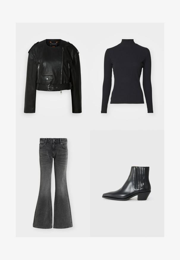Sort læder cropped jakke med asymmetrisk frontlynlås, lynlås-lommer, skulderepauletter og en taljeelastik med en metallisk spænde.; Sort ribbet turtle-sweater med lange ærmer. Lavet af strækbart stof med en tætsiddende pasform og høj krave. Enkel design uden udsmykninger.; Sorte denimjeans med subtile vertikale striber, forlommer, knaplukning og vide udvidede ben.; Sorte læder ankelstøvle med spids tå, elastiske sidepaneler med lodrette riller og en lav blokhæl. Glat tekstur og slankt design.