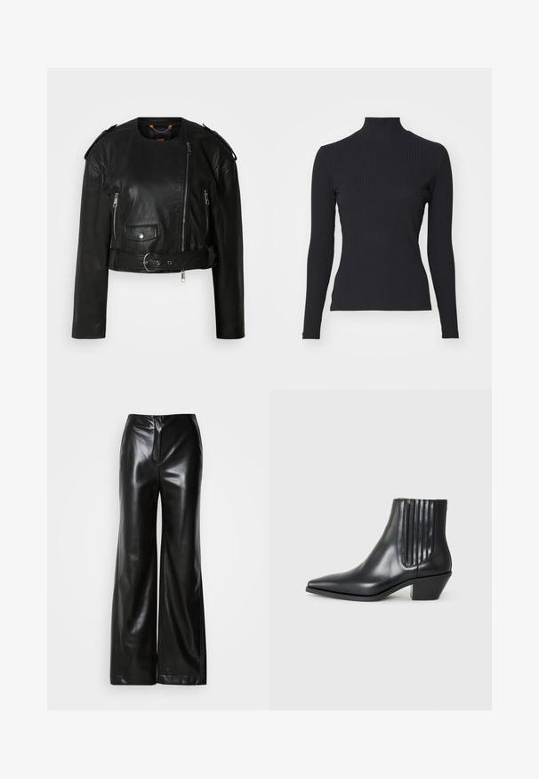 Sort læder cropped jakke med asymmetrisk frontlynlås, lynlås-lommer, skulderepauletter og en taljeelastik med en metallisk spænde.; Sort ribbet turtle-sweater med lange ærmer. Lavet af strækbart stof med en tætsiddende pasform og høj krave. Enkel design uden udsmykninger.; Sorte læder bukser med bred ben, glat tekstur, høj talje og skjult lynlås foran. Skræddersyet pasform med en ren finish.; Sorte læder ankelstøvle med spids tå, elastiske sidepaneler med lodrette riller og en lav blokhæl. Glat tekstur og slankt design.