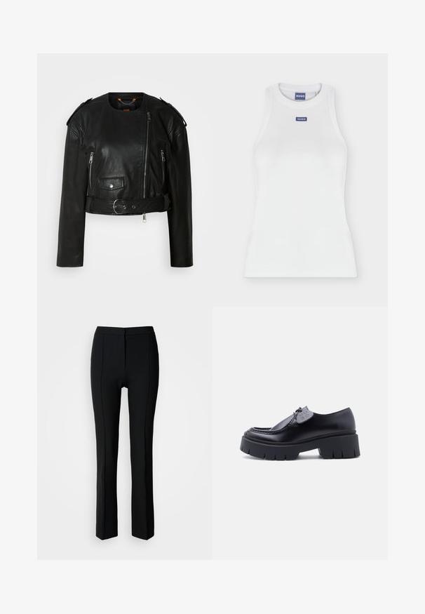 Sort læder cropped jakke med asymmetrisk frontlynlås, lynlås-lommer, skulderepauletter og en taljeelastik med en metallisk spænde.; Hvid afslappet ærmeløs tanktop med rund hals og lille blå HUGO-logoetiket på brystet og inden i kraven.; Sorte bukser med skræddersyet pasform, der har en glat tekstur, lige ben design og diskret søm detaljering foran.; Sort kraftig platformloafer med tyk skridsikker sål og dekorativ mærkat på snørebåndet, vist i profil på hvid baggrund.