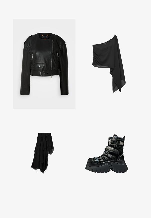 Sort læder cropped jakke med asymmetrisk frontlynlås, lynlås-lommer, skulderepauletter og en taljeelastik med en metallisk spænde.; Sort asymmetrisk top med én skulder med rynket side og langt flydende stofdragt på den ene side.; Sort asymmetrisk nederdel med lagdelt, flydende chiffonstof, der skaber en flæset, ujævn kant.; Sort platformstøvle med chunky sål, flere teksturerede remme, sølvspænder, dekorative metal accenter og nitte detaljer.