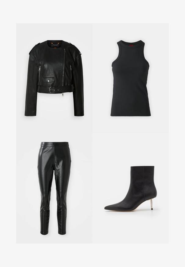 Sort læder cropped jakke med asymmetrisk frontlynlås, lynlås-lommer, skulderepauletter og en taljeelastik med en metallisk spænde.; Sort ærmeløs tanktop lavet af strækbart stof. Har en rund hals og en tætsiddende silhuet med minimale syninger.; Sorte læderbukser med slim fit, der har en glat tekstur og en høj talje. Detaljer inkluderer knæaccentuer for ekstra design.; Sorte læder ankelstøvler med spids tå og en tynd metallisk hæl. Glat tekstur med klare linjer og minimalistiske designfunktioner.