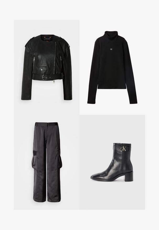 Sort læder cropped jakke med asymmetrisk frontlynlås, lynlås-lommer, skulderepauletter og en taljeelastik med en metallisk spænde.; Sort ribstrikket bluse med lange ærmer og lille firkantet Calvin Klein-logo placeret centralt på brystet.; Sorte cargobukser lavet af glat stof, med vide ben, store sidelommer og en flad taljekant med detaljer.; Sort læder ankelstøvle med spids tå, blokhæl og en rem med en metallisk logo detalje. Glat tekstur og minimalistisk design.
